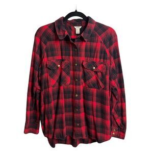 Forever 21 Red Black Plaid Button Front Flannel Shirt Women’s Size M